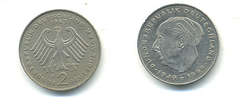 ФРГ 2 марки 1983 J, Теодор Хойс KM 127, J. 407 медно-никель плакированный никелем 83-1856