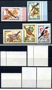 СССР набор из 5 марок (6, 10, 15, 20 и 32 копейки) 1981 певчие птицы - расписная синичка, райская мухоловка, овсянска янковского, тростниковая сутора, большой чекан Загорский 5153, 5154, 5155, 5156, 5157    марка с оригинальным клеем, без следов наклейки 
