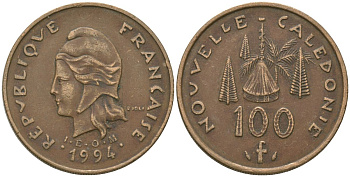 Французская Новая Каледония 100 франков 1994 хижина среди сосен и пальм, (IEOM) KM 15, Schoen 16, Lec 138 никель бронза 88-1034