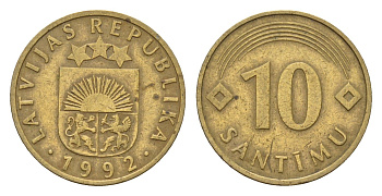 Латвия 10 сантимов 1992 KM 17 никель латунь 105-754