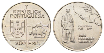 Португалия 200 эскудо 1992 450 лет открытию Калифорнии KM 661 медно-никель UNC 118-121