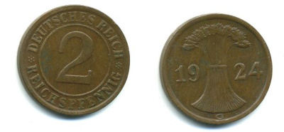 ГЕРМАНИЯ 2 РЕЙХСПФЕННИГА 1924 G KM 38, J. 314 бронза 46-1737