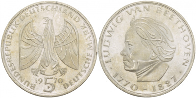 ФРГ 5 марок 1970 F. 200 лет со дня рождения Людвига ван Бетховена KM 127, J. 408 серебро UNC 4545-1124