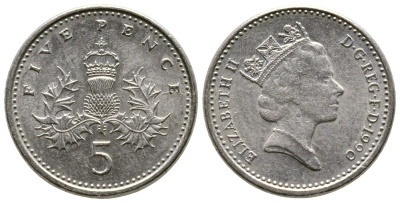 Великобритания 5 пенсов 1990 Елизавета II (1952-2022) KM 937b, Spink 4372 (D4) медно-никель 3999-1152