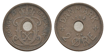 Дания 2 эре 1928 N, Кристиан X (1912-1947) KM 827 бронза 4639-731