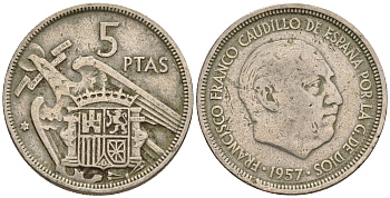 Испания 5 песет 1957 (59) Франциско Франко (1939-1975) KM 786 медно-никель 259-325