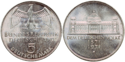 ФРГ 5 марок 1971 G, 100 лет основания Германской Империи KM 128.1, J. 409 серебро aUNC 1529-311