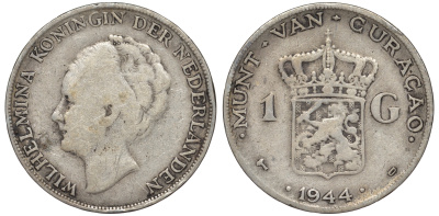 Нидерландское Кюрасао 1 гульден 1944 D, Вильгельмина (1890-1948) KM 45 серебро 36-342