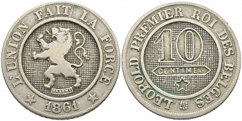 БЕЛЬГИЯ 10 САНТИМОВ 1861 BELGES KM 22 медно-никель 3856-416