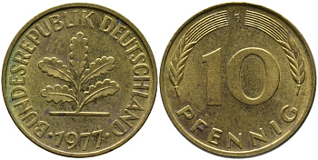 ФРГ 10 ПФЕННИГОВ 1977 F KM 108, J.383 сталь плакированная латунью 98-516
