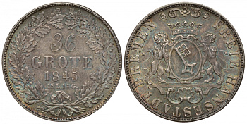 Бремен 36 гротенов 1845 15L. 14G. патина КМ 233, Jaeger 21, AKS 1, Kahnt 160 серебро 00-822-49