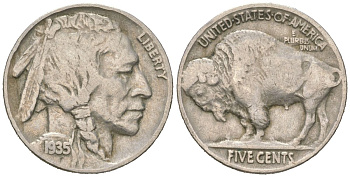 США 5 центов 1935 индеец, бизон KM 134 медно-никель 4614-1147