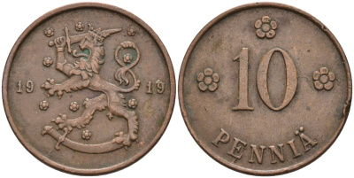 Финляндия 10 пенни 1919 KM 24 медь 4610-932