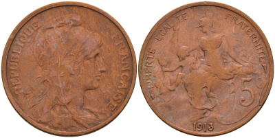 Франция 5 сантимов 1913 тип Дюпюи KM 842 бронза 4116-441
