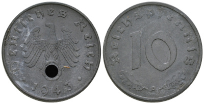 Германия 10 рейхспфеннигов 1943 A KM 101, J. 371 цинк    4589-1251