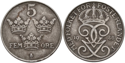 Швеция 5 эре 1948 Густав V (1907-1950) KM 812 железо 4565-233