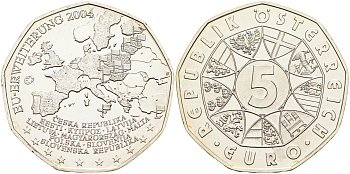 Австрия 5 евро 2004 расширение евросоюза KM 3122 серебро UNC 11-281-24