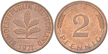 ФРГ 2 ПФЕННИГА 1978 J KM 106а, J. 381а сталь плакированная сталь плакированная медьюю 4181-829
