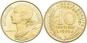 ФРАНЦИЯ 10 САНТИМОВ 1980 ТИП MARIANE KM 929, LE FRANC 144.20 алюминиевая бронза 4519-823