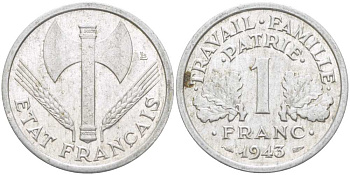 ФРАНЦИЯ 1 ФРАНК 1943 ТИП LEGERE, ПРАВИТЕЛЬСТВО ВИШИ KM 902.1, LE FRANC 223.3 алюминий 202-444