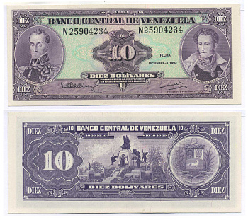 ВЕНЕСУЭЛА 10 БОЛИВАРОВ 1992 СЕРИЯ N, 8 ДЕКАБРЯ 1992, МОНУМЕНТ БИТВЕ ПРИ КАРАБОБО, ДВА ПОРТРЕТА БОЛИВАР И СУКРЕ Pick 61c бумага UNC (ПРЕСС) 8588-80-2-2
