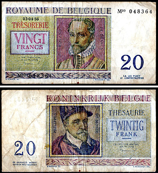Бельгия 20 франков 1956 Pick 132 b бумага 8604-5-4-1