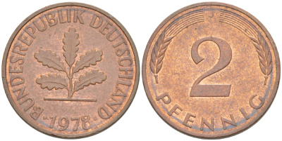 ФРГ 2 ПФЕННИГА 1978 J KM 106а, J. 381а сталь плакированная сталь плакированная медьюю 4181-829