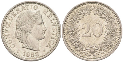 Швейцария 20 раппенов 1985 KM 29a медно-никель 55-1021