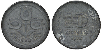Нидерланды 10 центов 1942 Вильгельмина (1895-1948) KM 173 цинк 4122-137