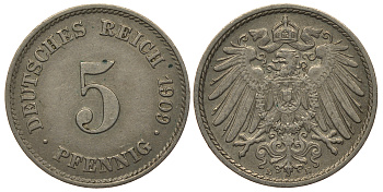 ГЕРМАНИЯ 5 ПФЕННИГОВ 1909 E, KM 11, J. 12 медно-никель 413-6211
