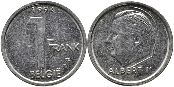 БЕЛЬГИЯ 1 ФРАНК 1994 BELGIE, АЛЬБЕРТ II (1993-) KM 188 железо плакированное никелем 99-1247