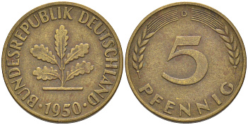 ФРГ 5 пфеннигов 1950 D KM 107, J. 382 сталь плакированная латунью 55-1241