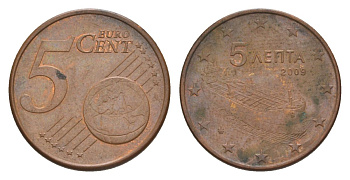 Греция 5 евроцентов 2009 KM 183 сталь плакированная медью 4630-464