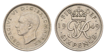 Великобритания 6 пенсов 1949 Георг VI (1936-1952) KM 875, Spink 4110 медно-никель 4643-957
