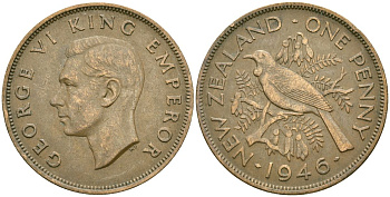 Новая Зеландия 1 пенни 1946 Птица Туи, Король Георг VI (1937 - 1952) KM 13 бронза 32-426