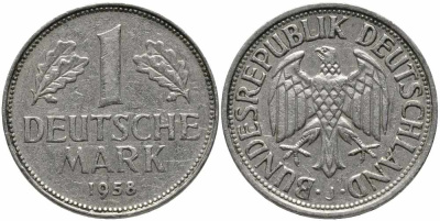 ФРГ 1 МАРКА 1958 J KM 110, J. 385 медно-никель 113-146
