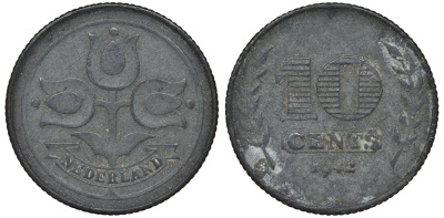 Нидерланды 10 центов 1942 Вильгельмина (1895-1948) KM 173 цинк 4122-137