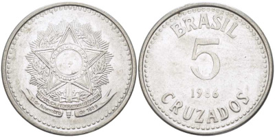 Бразилия 5 крузадо 1986 реформа (1986-1989) KM 606 нержавеющая сталь 24-1137