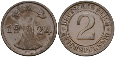 Германия 2 рейхспфеннига 1924 G KM 38, J.314, Weege 4 медь 4584-651
