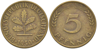 ФРГ 5 пфеннигов 1950 D KM 107, J. 382 сталь плакированная латунью 55-1241