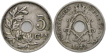 БЕЛЬГИЯ 5 САНТИМОВ 1922 BELGIE, АЛЬБЕРТ I (1909-1934) KM 67 медно-никель 4548-1256