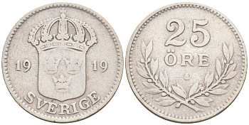 Швеция 25 эре 1919 W, Густав V (1907-1950) KM 785 серебро 4380-145