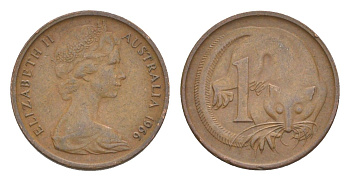 Австралия 1 цент 1966 Елизавета II (1952-2022), молодой портрет, опоссум KM 62 бронза 4585-147