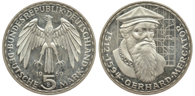 ФРГ 5 марок 1969 F, 375 лет со дня смерти Герарда Меркатора J. 400, KM 126.1 серебро PROOF 413-2631