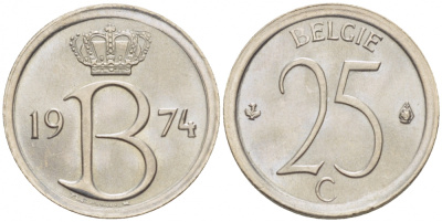 БЕЛЬГИЯ 25 САНТИМОВ 1974 BELGIE KM 154.1 медно-никель UNC 3996-1134
