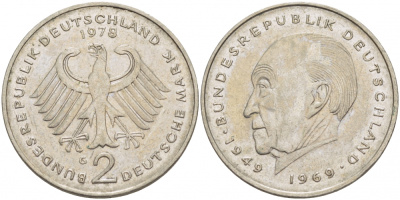 ФРГ 2 МАРКИ 1978 G, КОНРАД АДЕНАУЭР KM 124, J. 406 медно-никель плакированный никелем 3718-1015