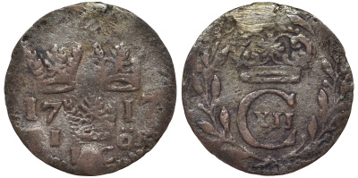 Швеция 1 эре 1717 LC, Карл XII (1697-1718), с подвески KM 250b серебро 4164-233