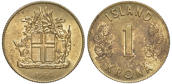 Исландия 1 крона 1966 KM 12a никель латунь 4606-436