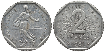 Франция 2 франка 1981 сеятель KM 942.1, Le Franc 272.5 никель 4123-432