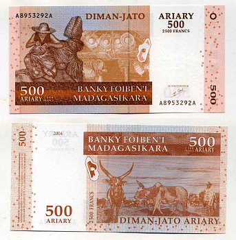Мадагаскар 500 ариари (2500 франков) 2004, корзинщик, зебу подпись 5 Pick 88 а бумага UNC (пресс) 8589-26-1-1